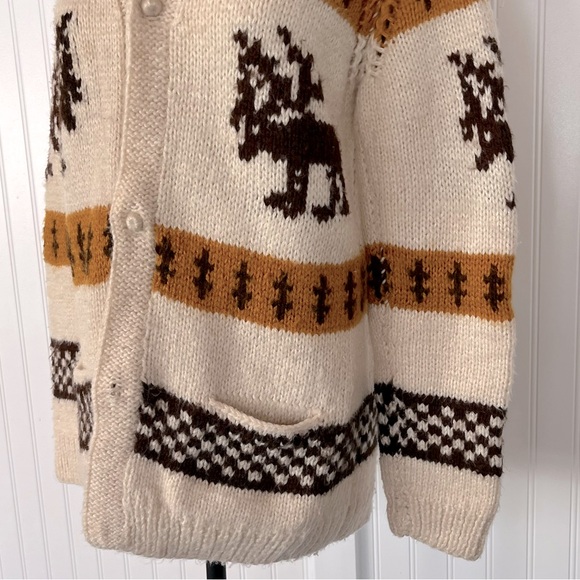 Vintage Cardigan Sweater Moose Stripes Checkerboard Mustard Handmade Cowichan - Picture 3 of 15